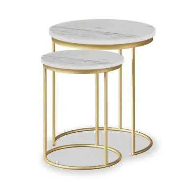 Marmora Round Nest of 2 Tables - White, Marble