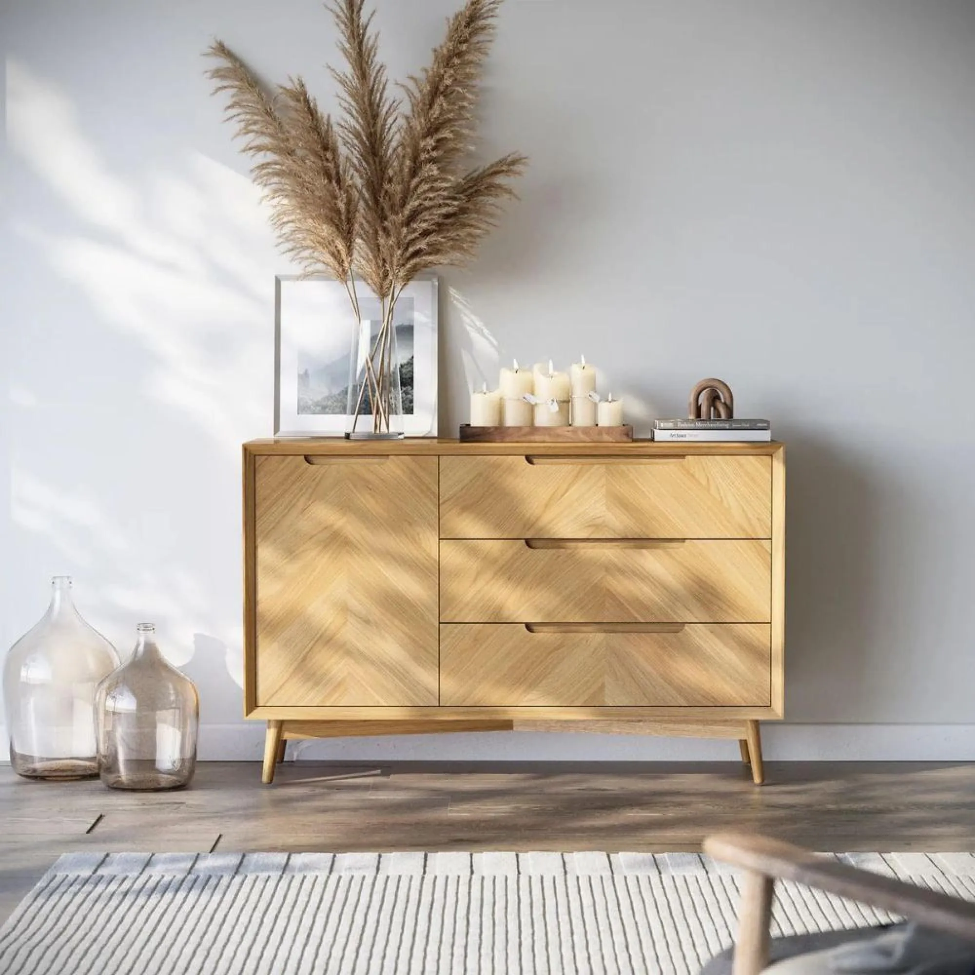 Valencia Oak Herringbone 1 Door Sideboard - Natural