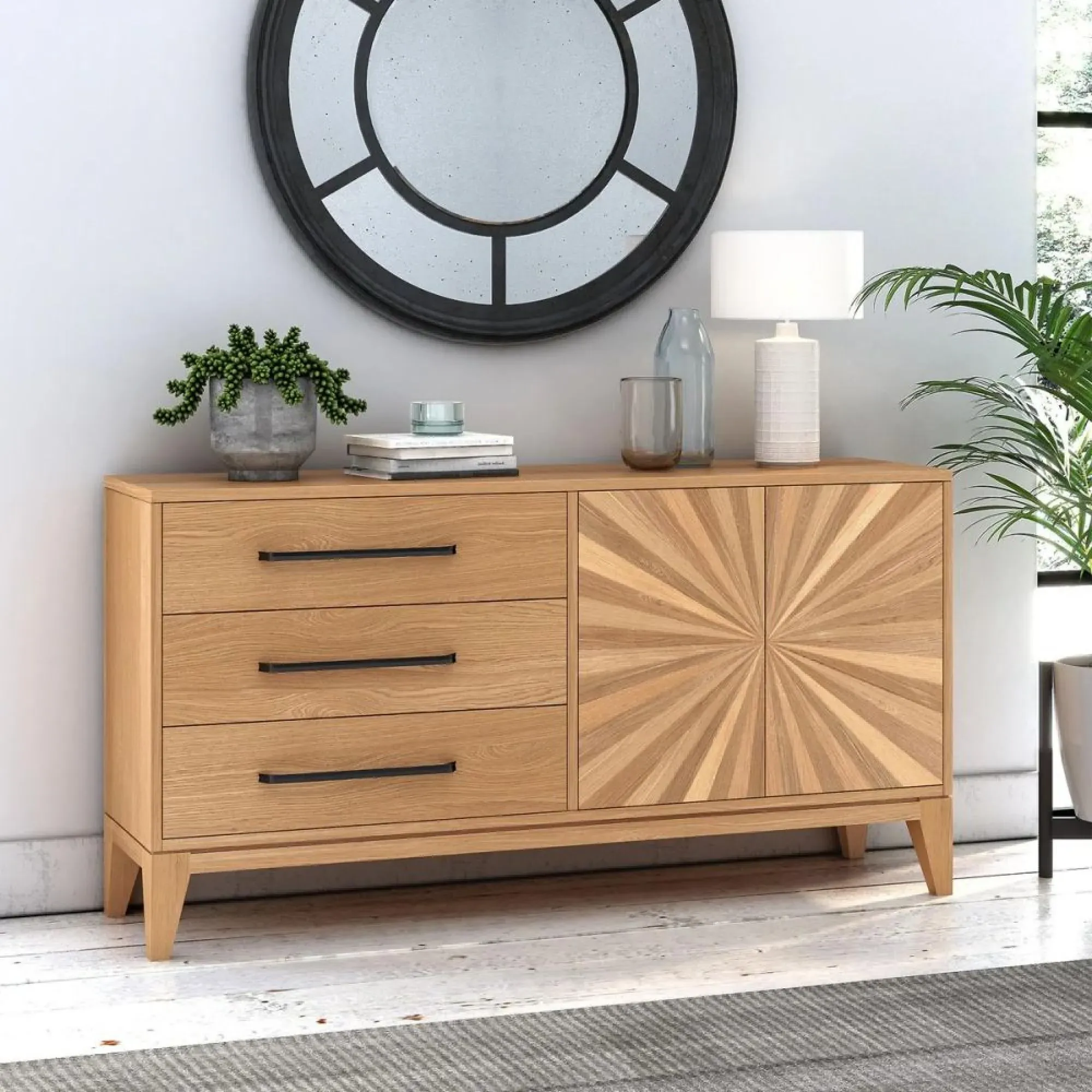 Viento Oak 2 Door Sunburst Large Sideboard - Waxed