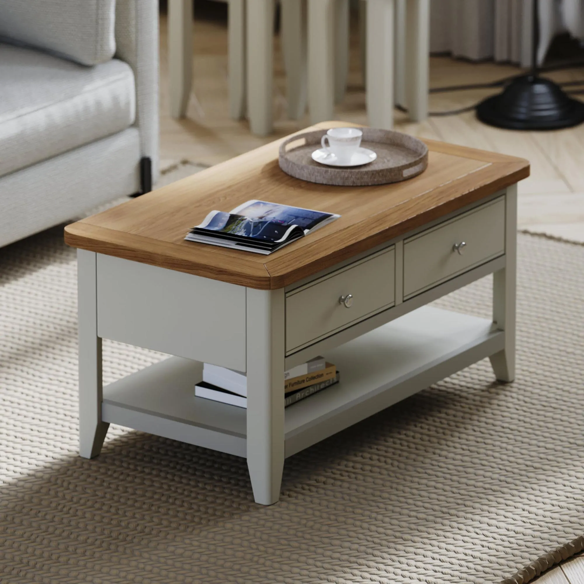 Arden 2 Drawer Coffee Table - Grey, Painted Oak