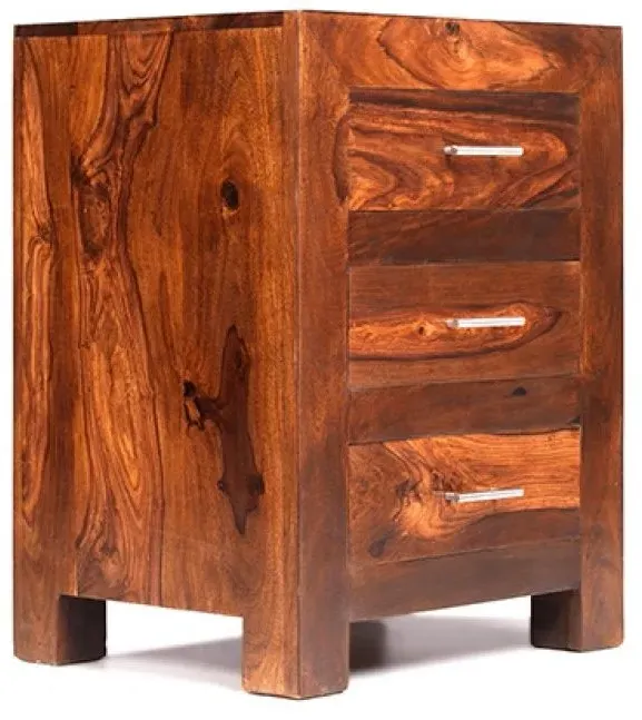 Cube Sheesham 3 Drawer Bedside Cabinet - Honey Brown