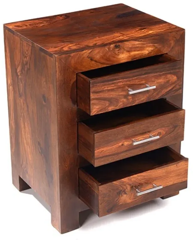 Cube Sheesham 3 Drawer Bedside Cabinet - Honey Brown