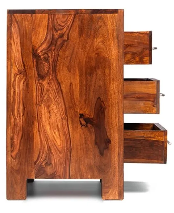 Cube Sheesham 3 Drawer Bedside Cabinet - Honey Brown