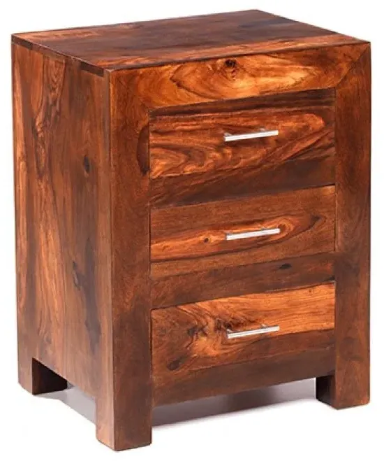 Cube Sheesham 3 Drawer Bedside Cabinet - Honey Brown