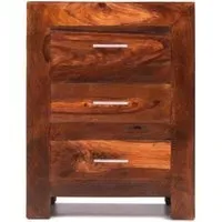 Cube Sheesham 3 Drawer Bedside Cabinet - Honey Brown