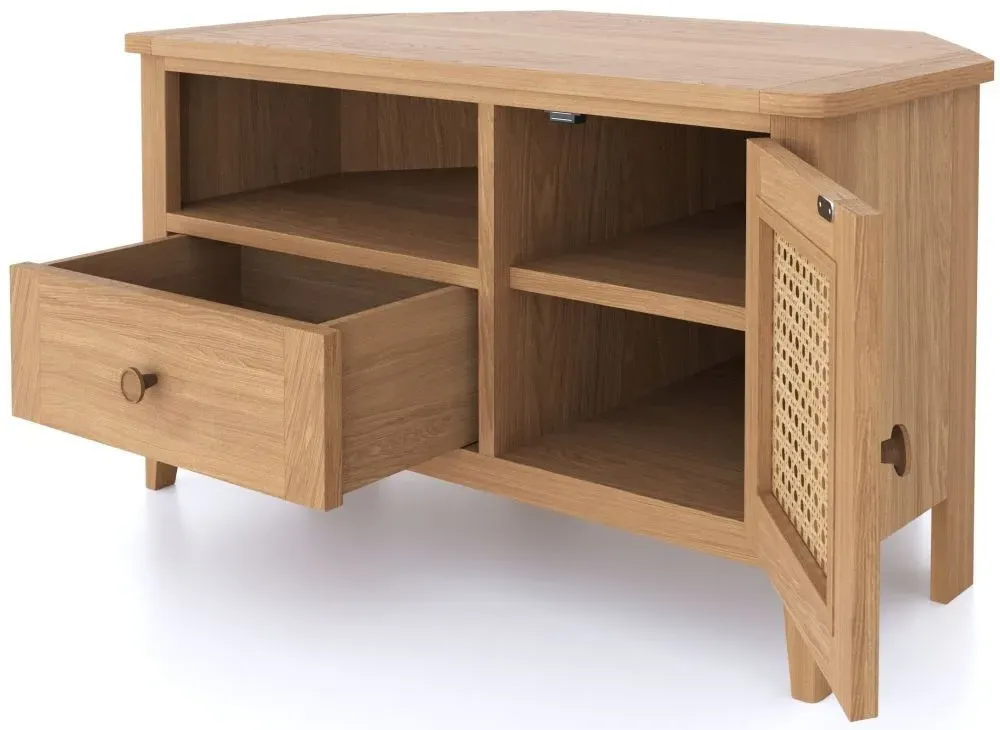 Henley 90cm Corner TV Unit - Natural, Oak and Rattan
