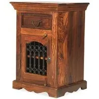 Jali Indian Sheesham RHF Door Bedside Cabinet - Honey Brown