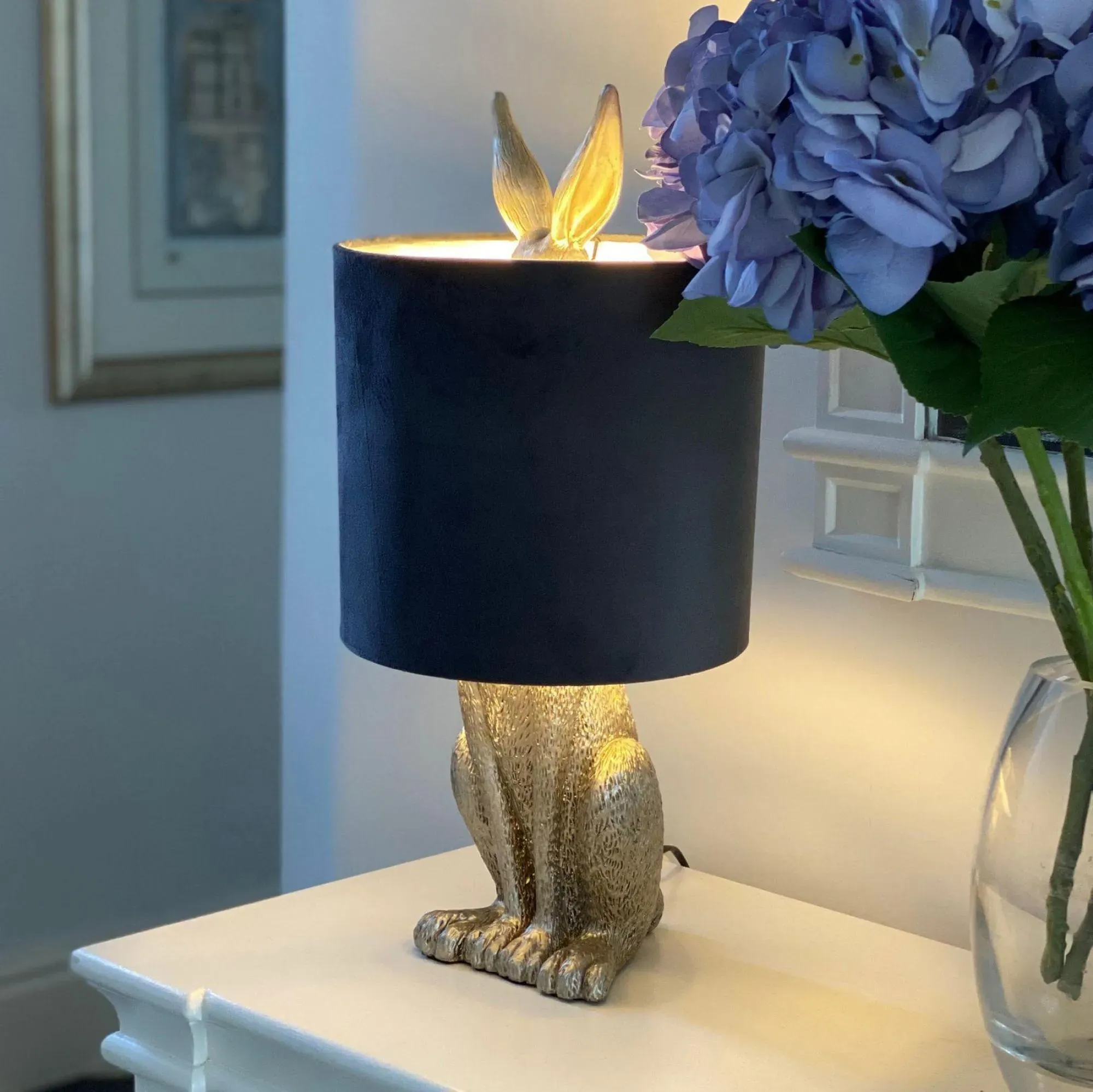 Hare Table Lamp with Velvet Shade - Silver
