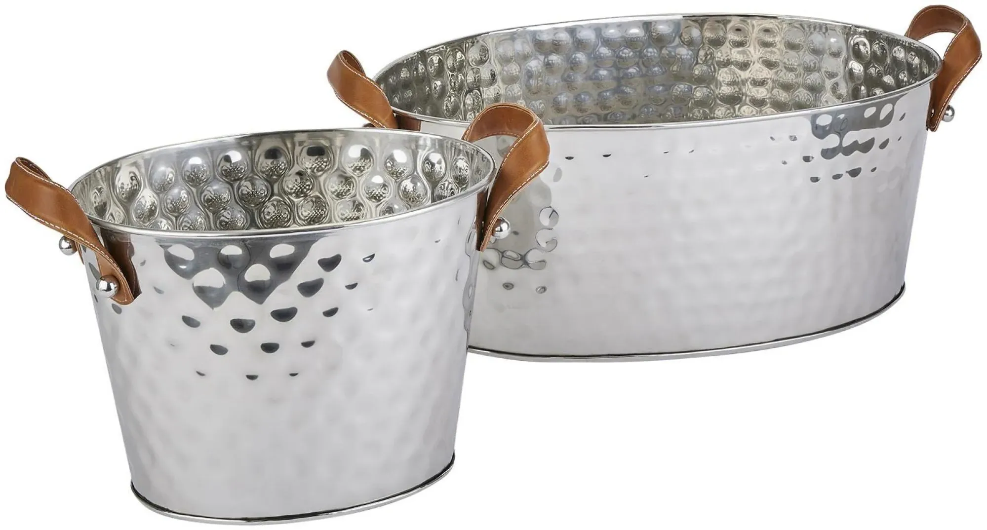 Large Champagne Cooler with Leather Handles - Silver, Metal