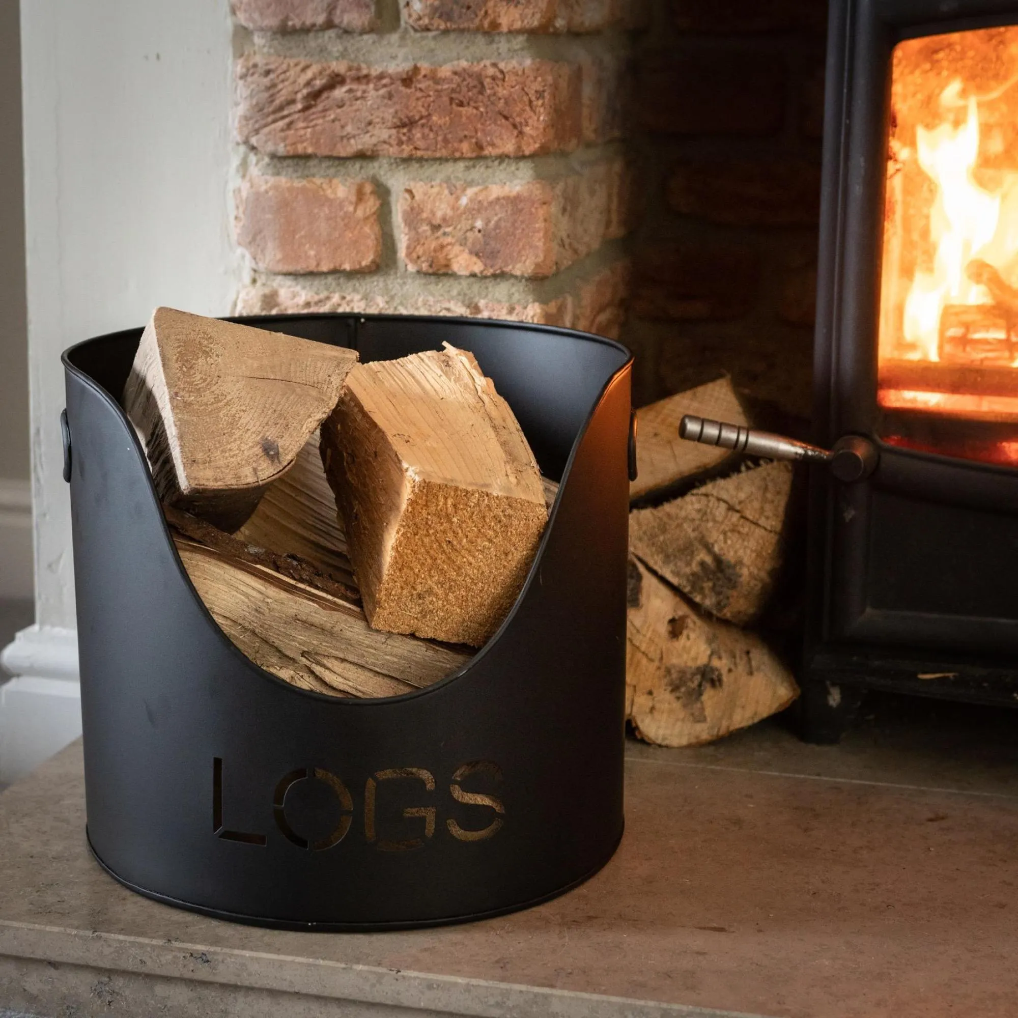 Log and Kindling Buckets with Matchstick Holder - Black