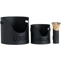 Log and Kindling Buckets with Matchstick Holder - Black