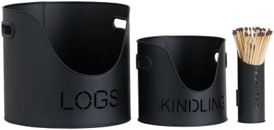Log and Kindling Buckets with Matchstick Holder - Black image