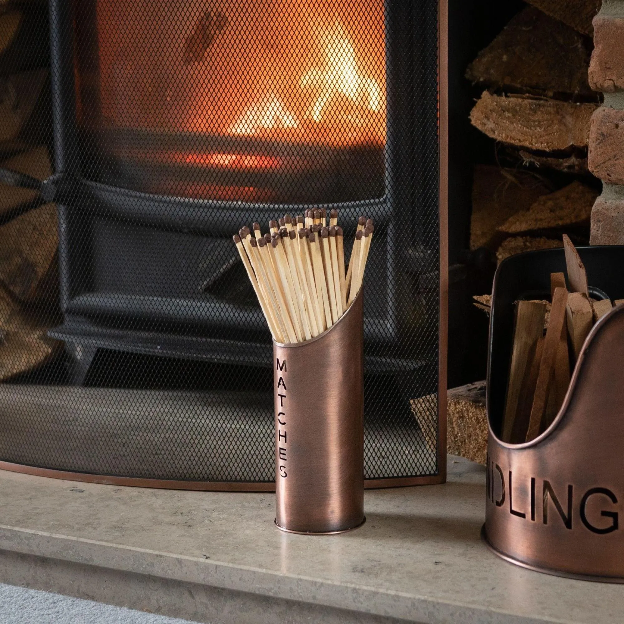 Log and Kindling Buckets with Matchstick Holder - Copper