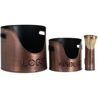 Log and Kindling Buckets with Matchstick Holder - Copper