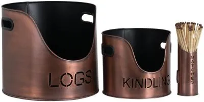 Log and Kindling Buckets with Matchstick Holder - Copper