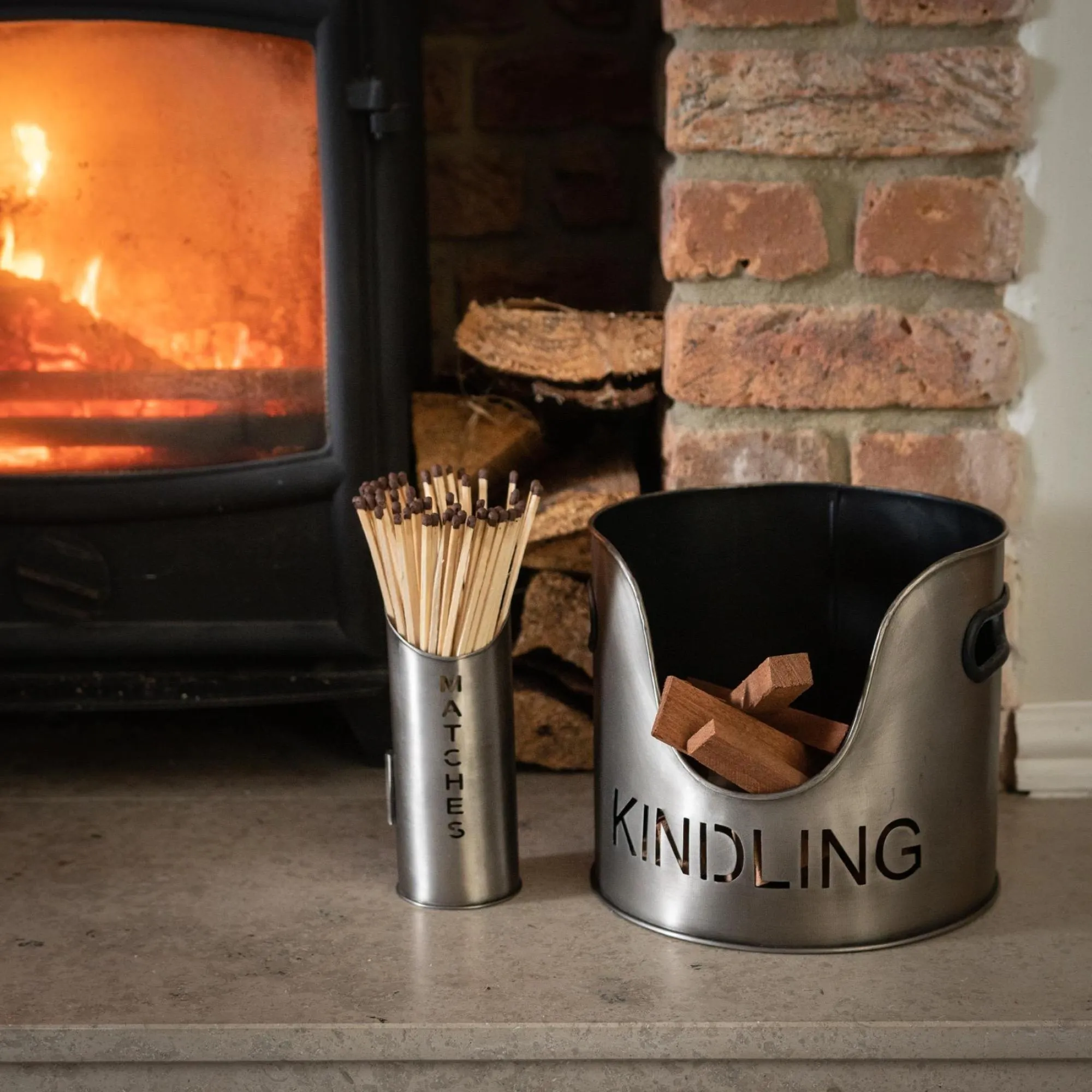 Log and Kindling Buckets with Matchstick Holder - Silver