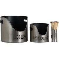 Log and Kindling Buckets with Matchstick Holder - Silver