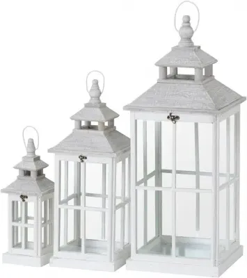 Set of 3 Window Style Lanterns with Open Top - White