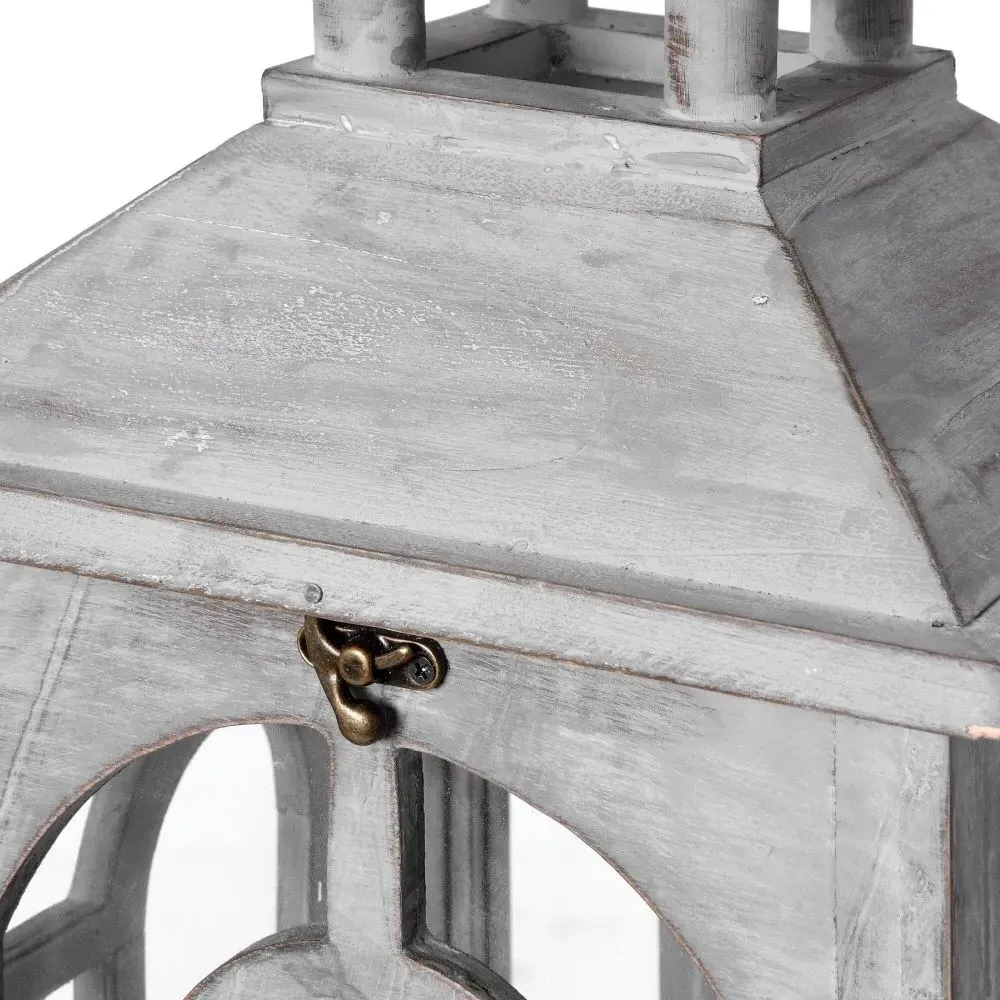 Set of 3 Wooden Lanterns with Archway Design - Grey, Wood