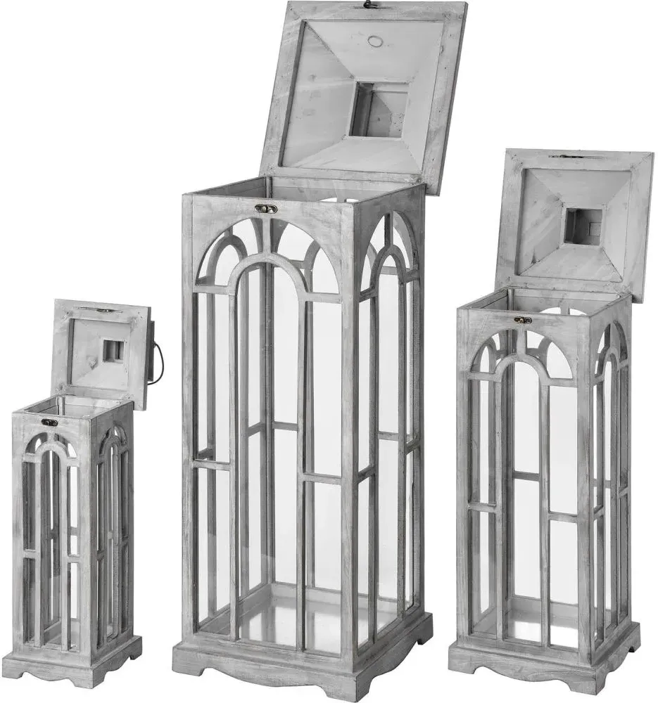 Set of 3 Wooden Lanterns with Archway Design - Grey, Wood