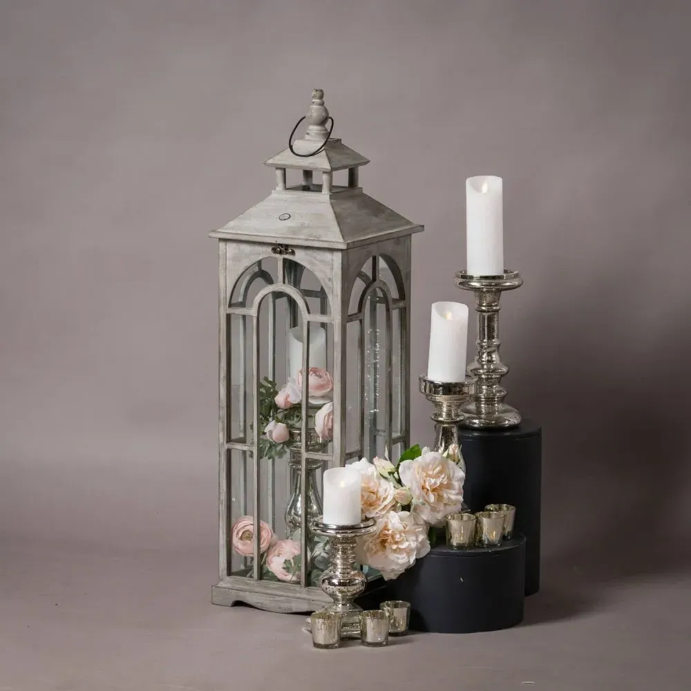 Set of 3 Wooden Lanterns with Archway Design - Grey, Wood