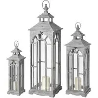 Set of 3 Wooden Lanterns with Archway Design - Grey, Wood