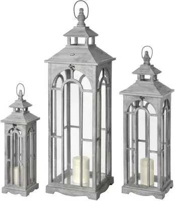 Set of 3 Wooden Lanterns with Archway Design - Grey, Wood