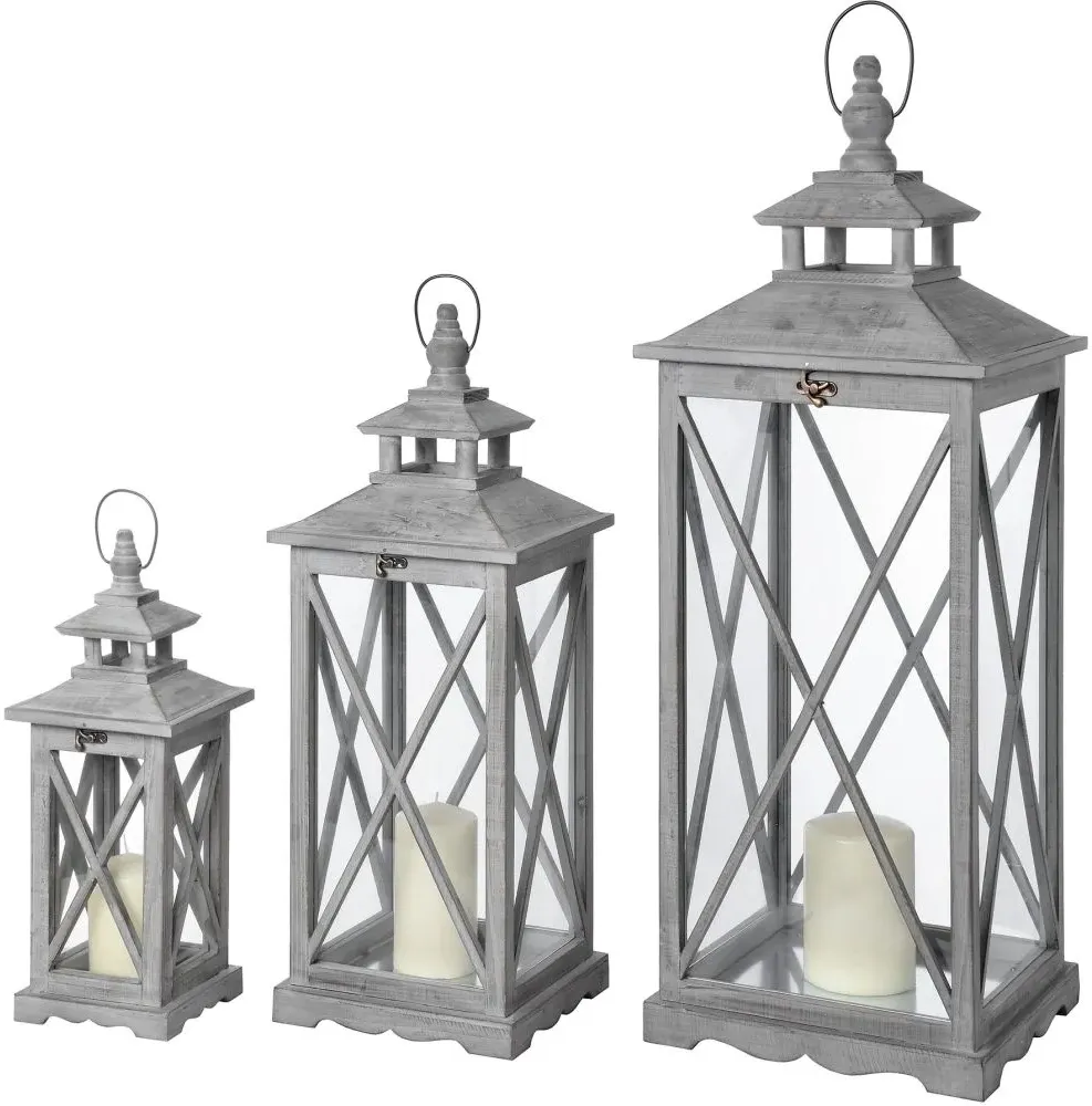 Set of 3 Wooden Lanterns with Cross Section - Grey, Wood
