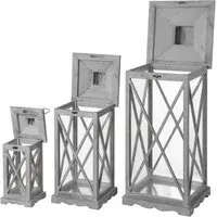 Set of 3 Wooden Lanterns with Cross Section - Grey, Wood