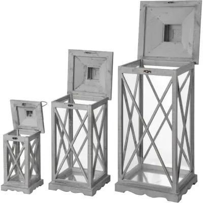 Set of 3 Wooden Lanterns with Cross Section - Grey, Wood