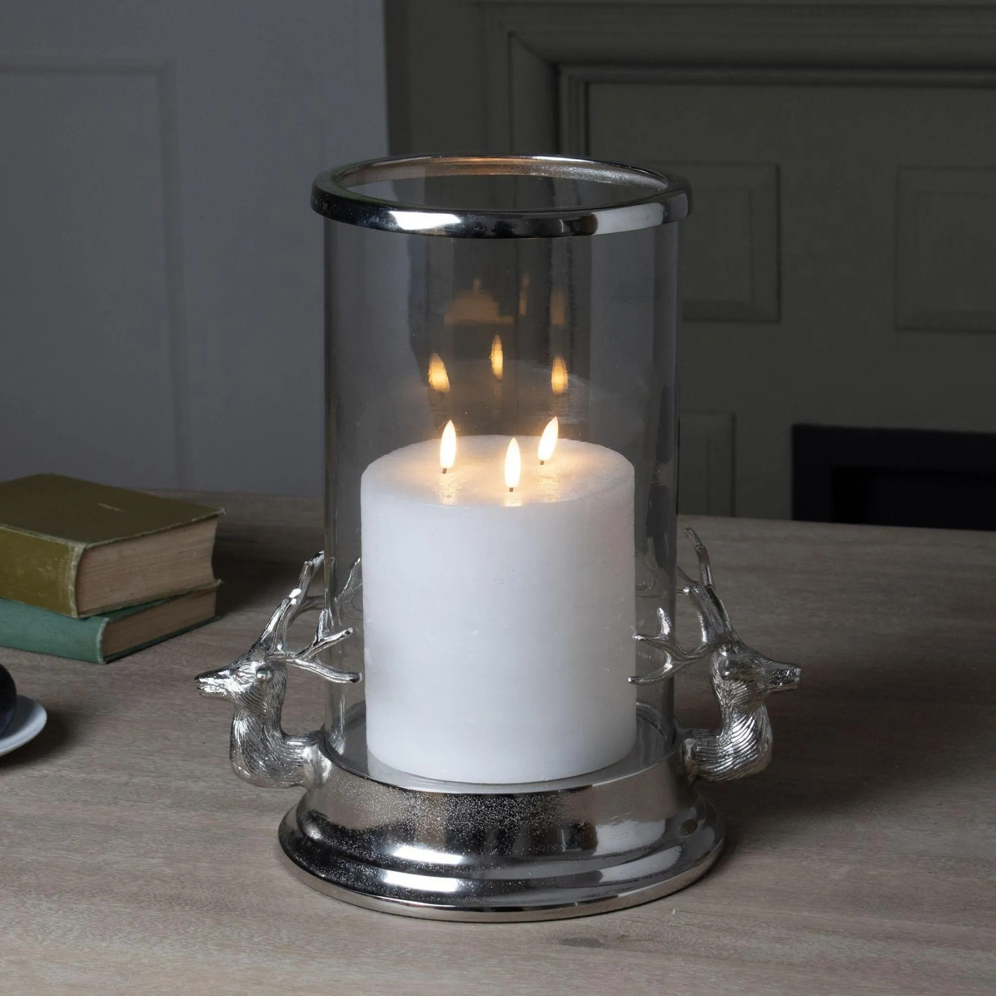 Stag Heads Hurricane Lantern - Silver, Metal