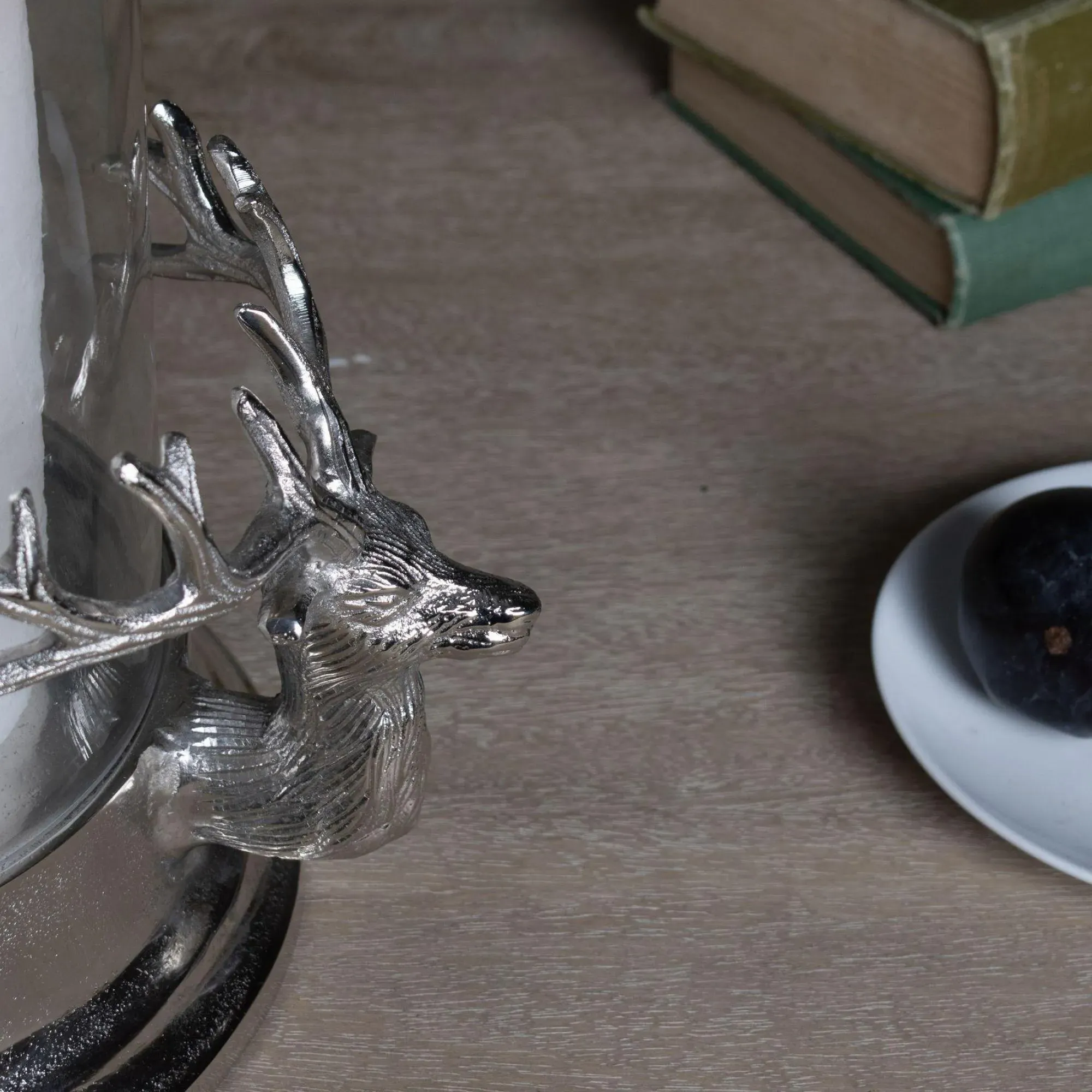 Stag Heads Hurricane Lantern - Silver, Metal