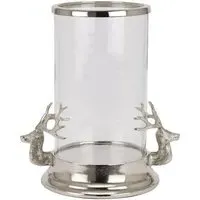 Stag Heads Hurricane Lantern - Silver, Metal