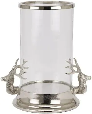 Stag Heads Hurricane Lantern - Silver, Metal