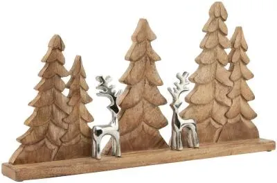 Wood Tree Reindeer Decoration - Brown, Silver image