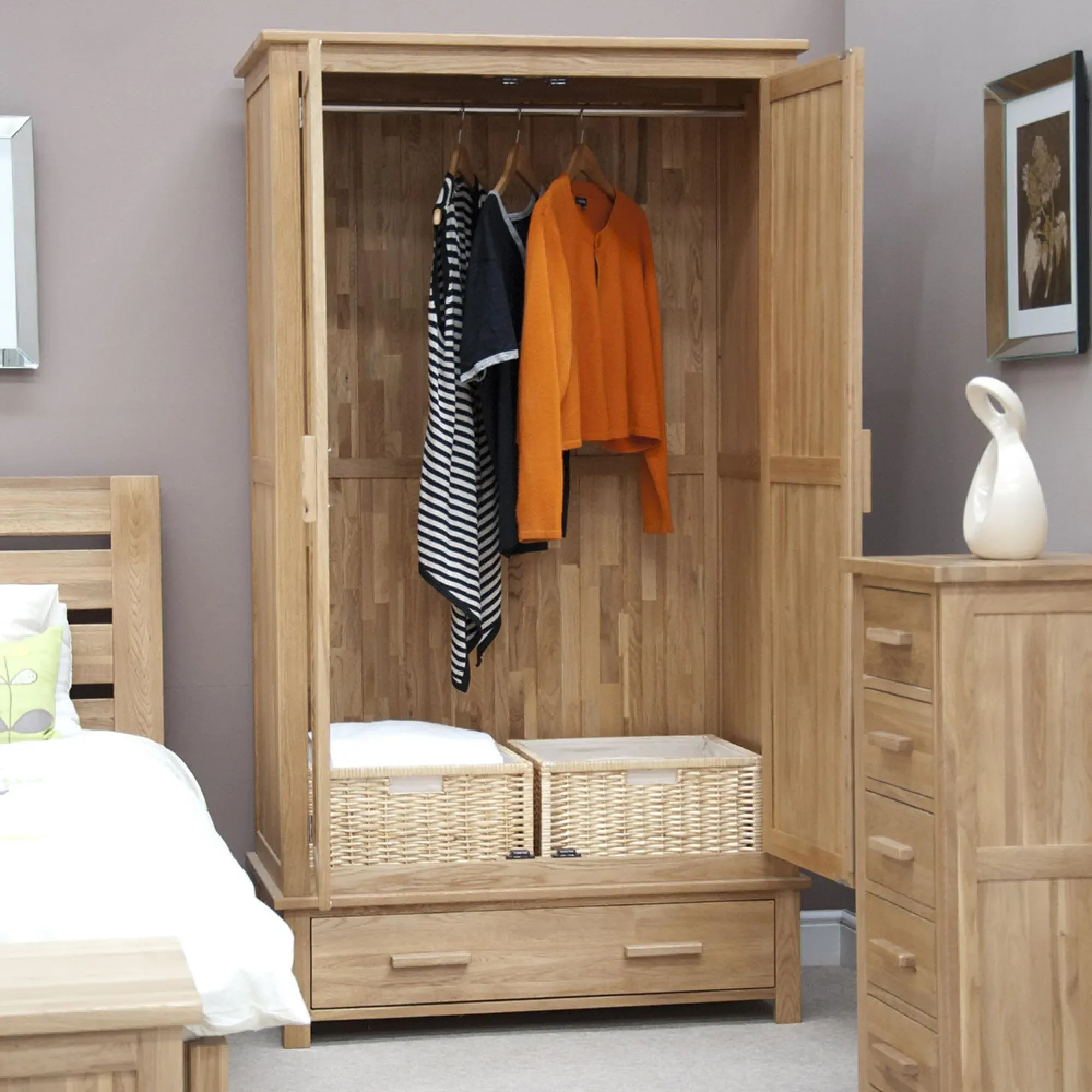 Mobel Oak 2 Door 1 Drawer Wardrobe - Lacquered, Oak