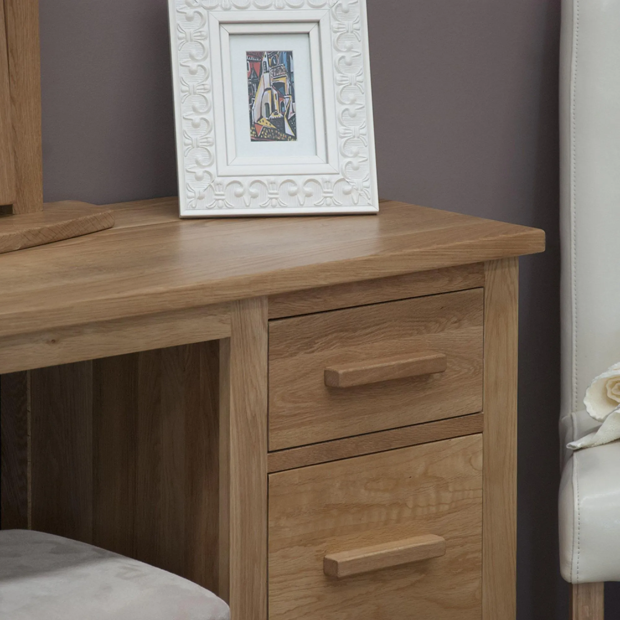 Mobel Oak Single Pedestal Dressing Table and Stool - Lacquered