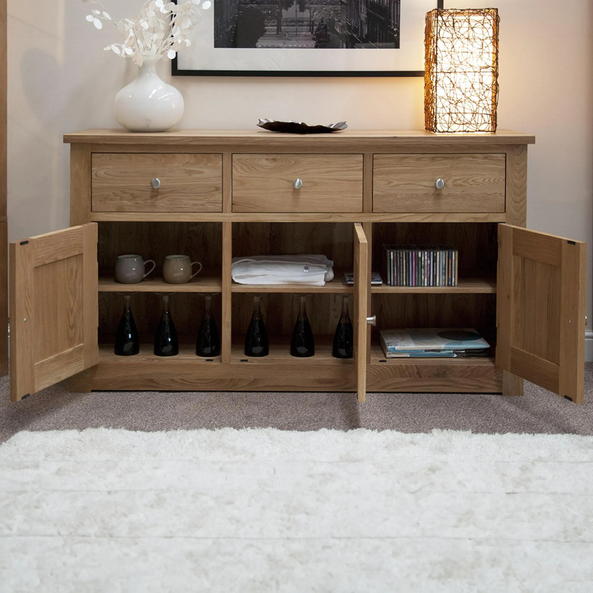 Oakley Oak Large Wide Sideboard - Lacquered
