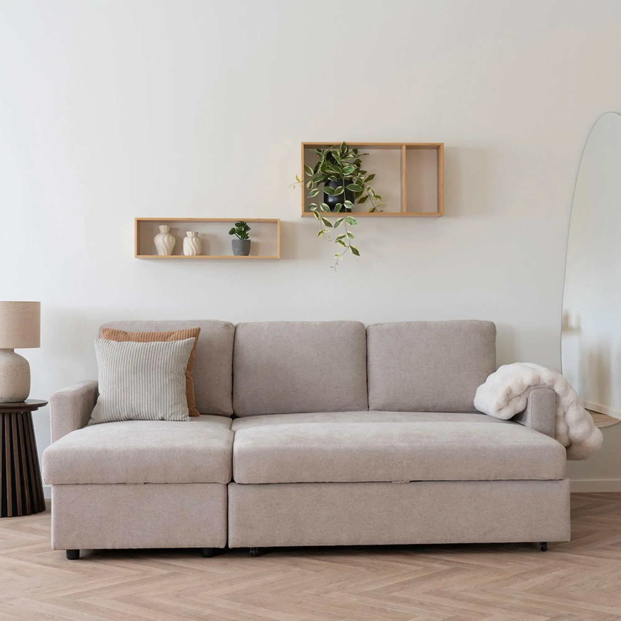 Belfast Chaise Longue Pull Out Sofa Bed - Dark Sand, Fabric