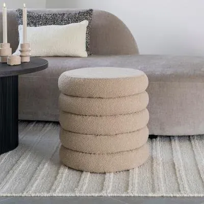 Brooklyn Round Pouf with Storage - Beige, Boucle Fabric image