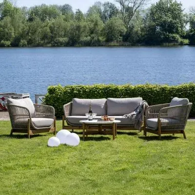 Hunterton 2 Seater Lounge Set - Beige, Acacia Wood