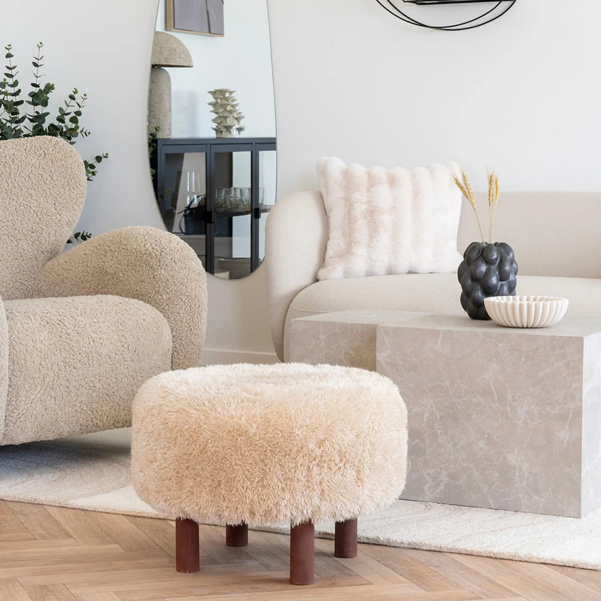 Inverness Round Pouf - Light Brown, Fabric