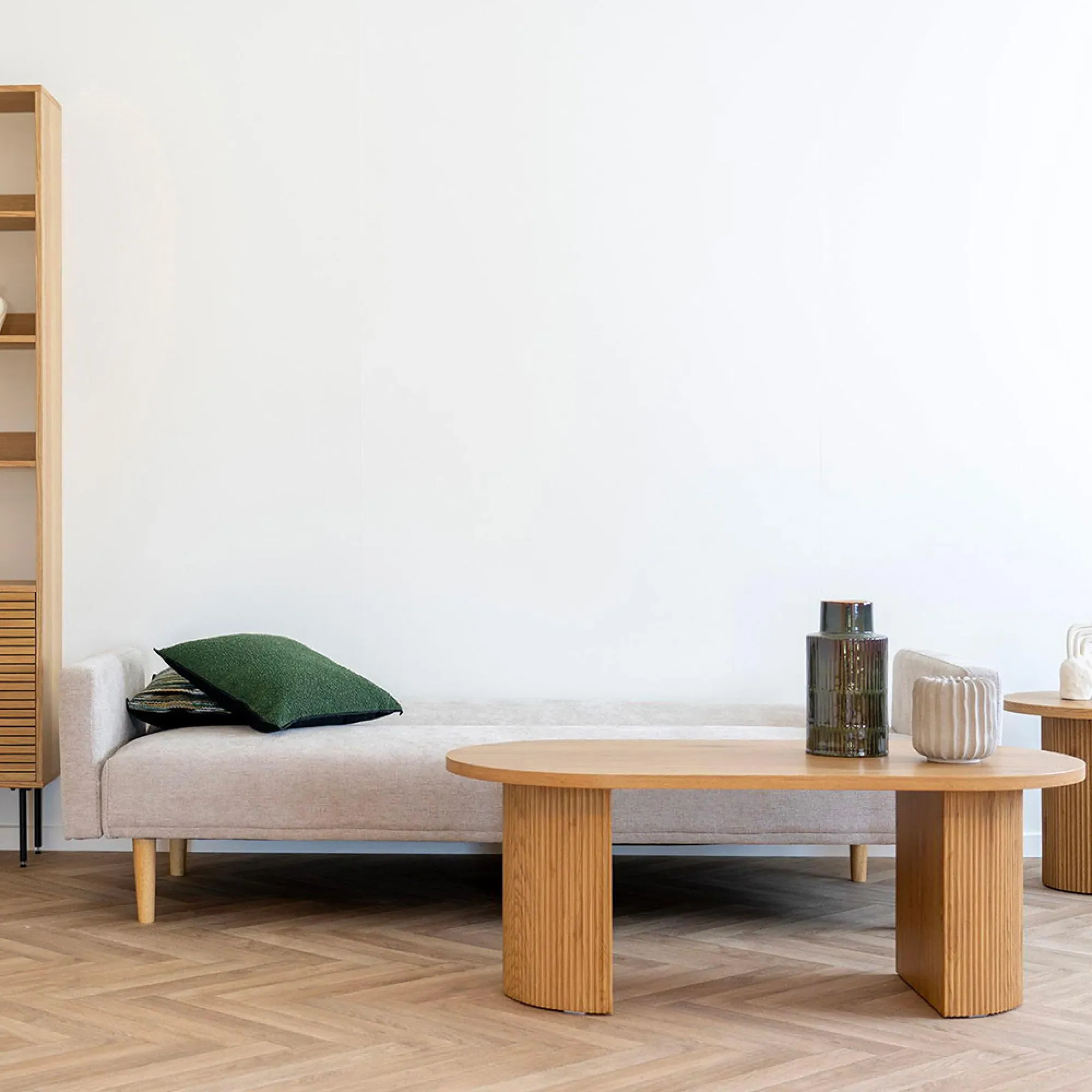 Kells Click Clack Sofa Bed with Natural Legs - Sand, Fabric