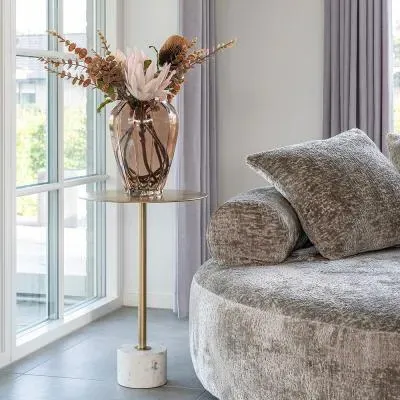 Lecco Round Side Table with Marble Base - Brass, Metal image