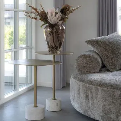 Lecco Round Side Table with Marble Base - Brass, Metal image