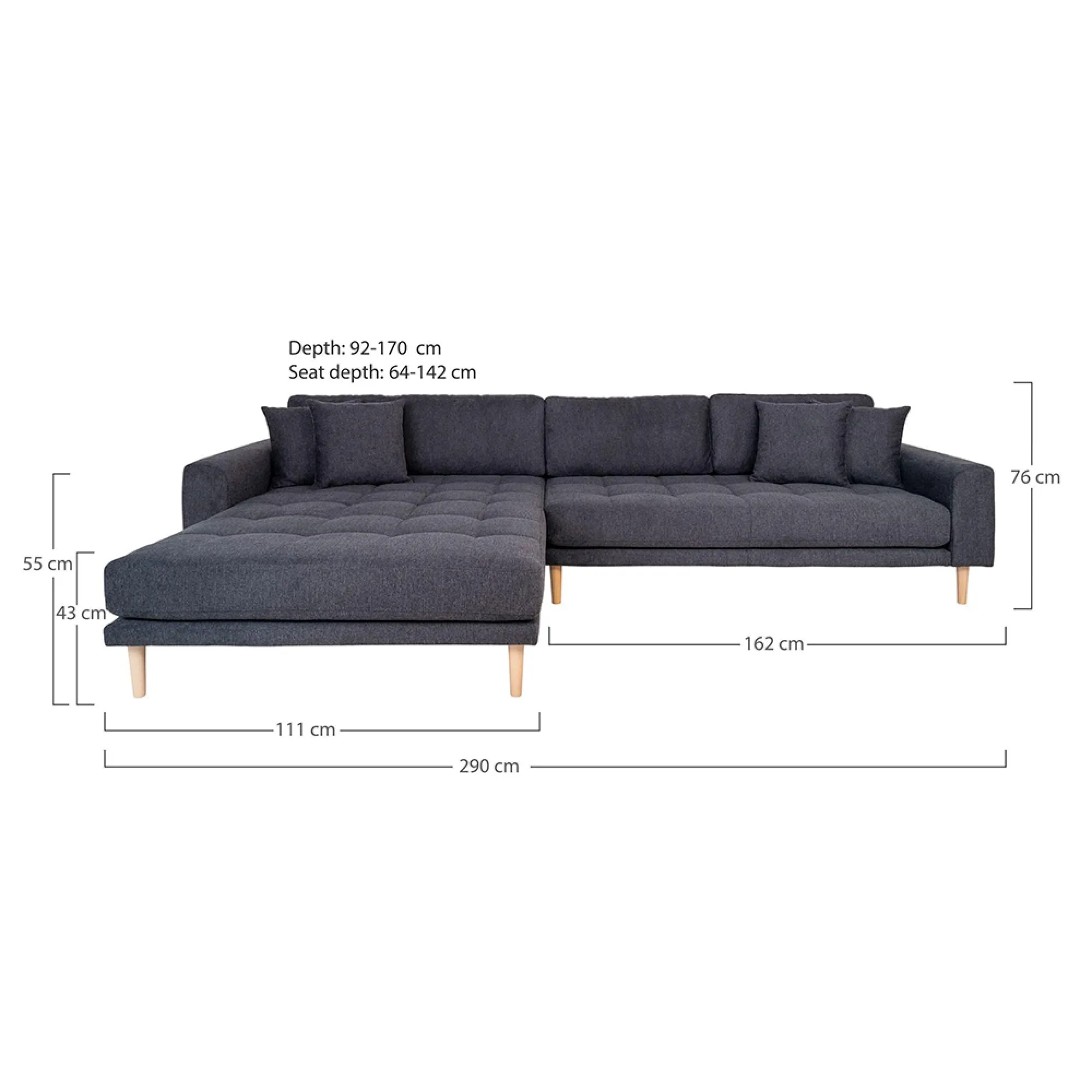 Lido LHF Lounge Sofa - Dark Grey, Fabric