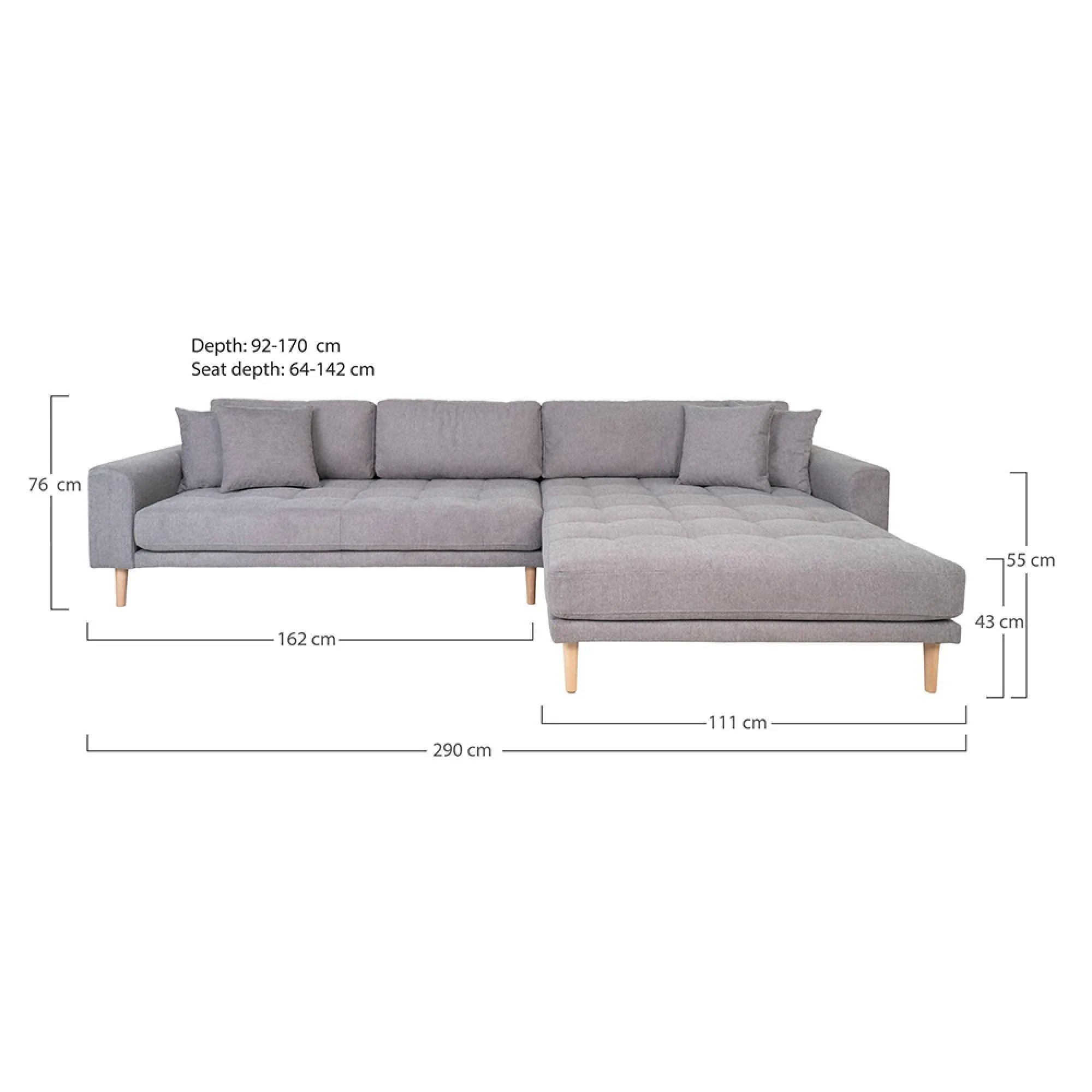 Lido Right Hand Facing Lounge Sofa - Light Grey, Fabric