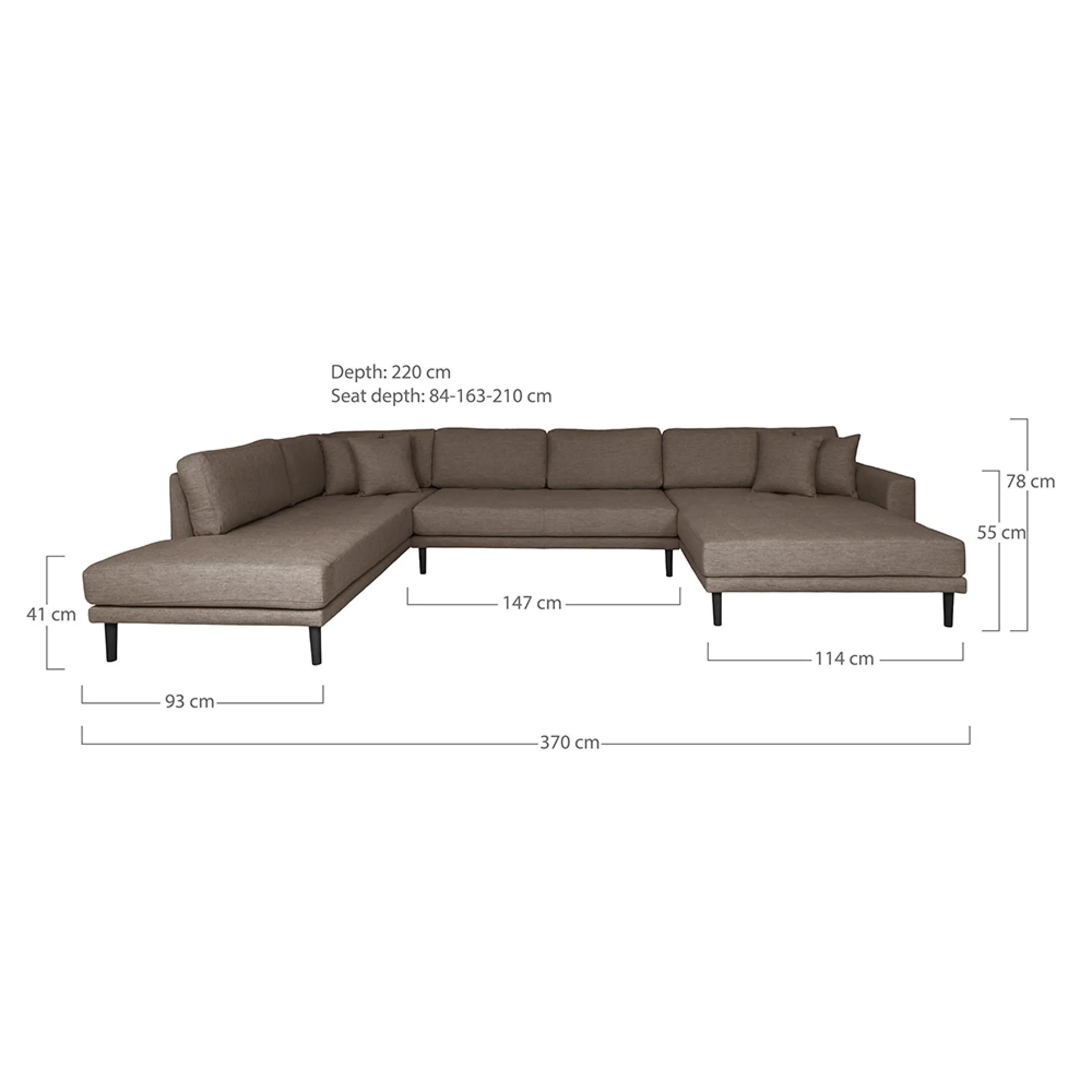 Lido U-Shaped Sofa Open End with Black Legs - Brown