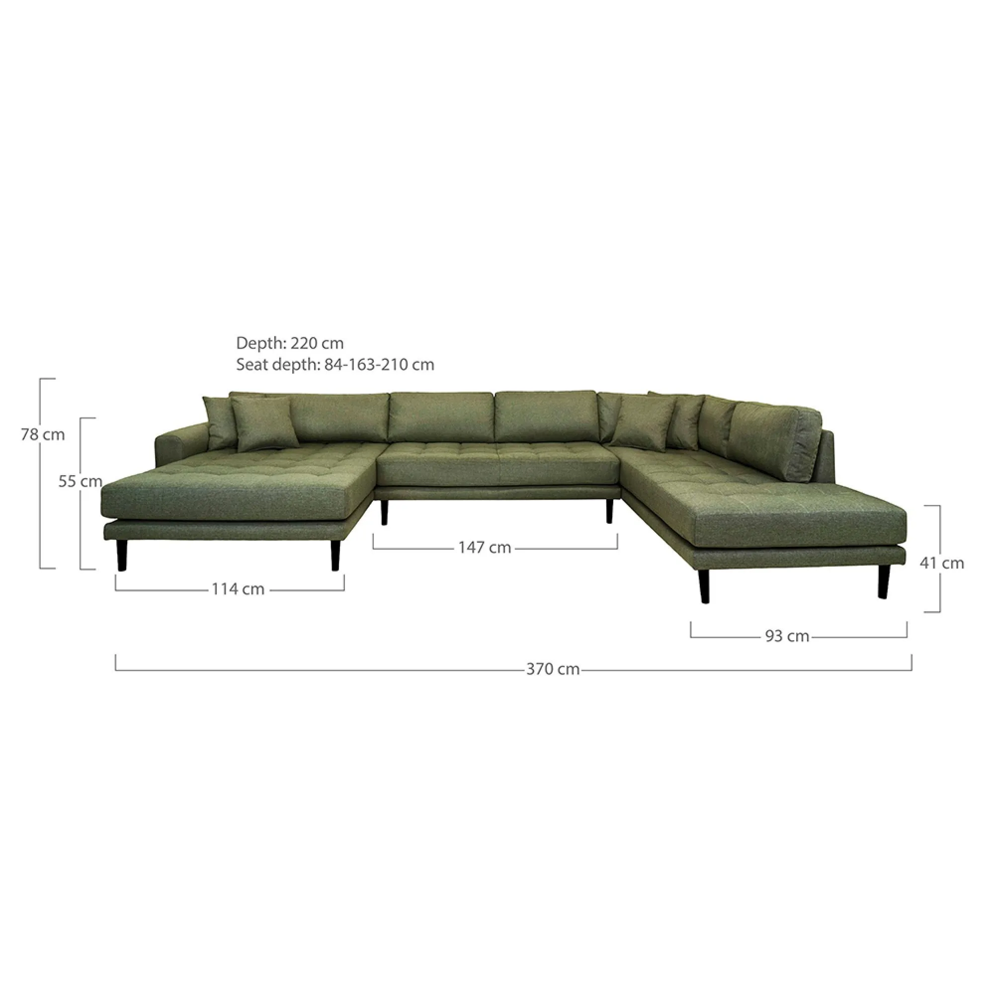 Lido U-Shaped Sofa Open End with Black Legs - Olive Green