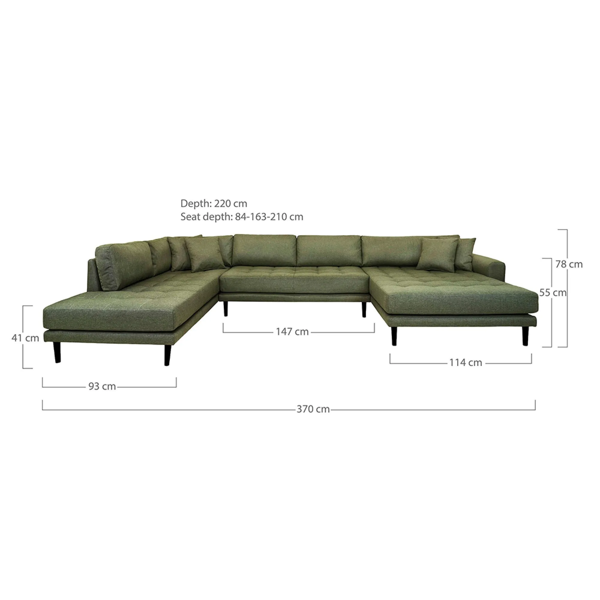 Lido U-Shaped Sofa Open End with Black Legs - Olive Green